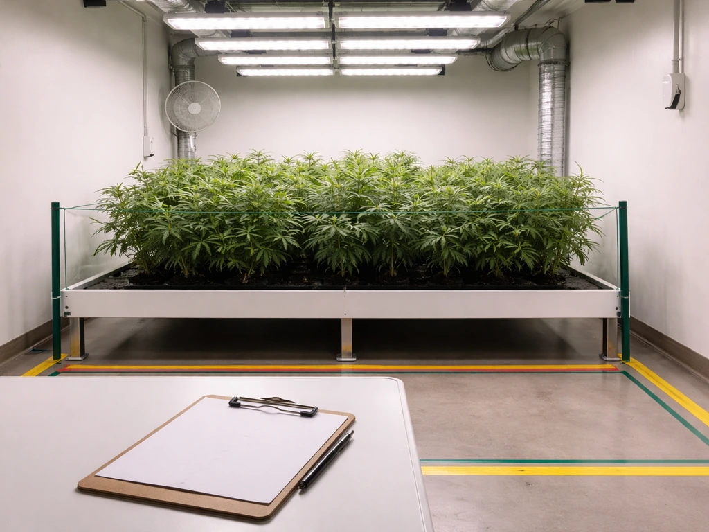 Minimal grow room scene with marked canopy area limits and a clipboard indicating permitted compliance tasks.