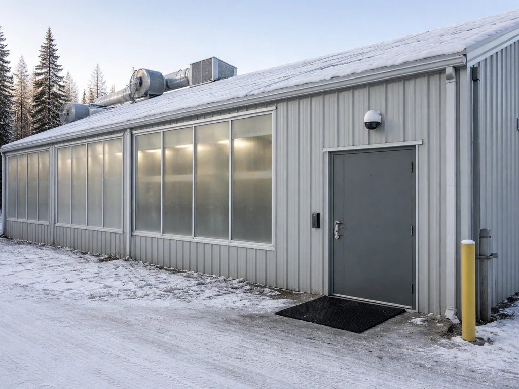 Snowy Alaska cultivation facility exterior with security elements and a locked entry door.