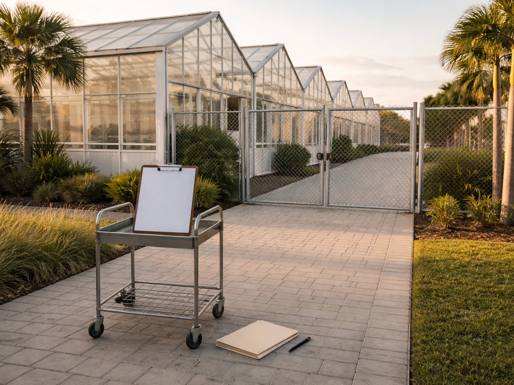 Clean industrial greenhouse exterior in Florida with a clipboard and checklist symbols suggesting a cannabis grow licens