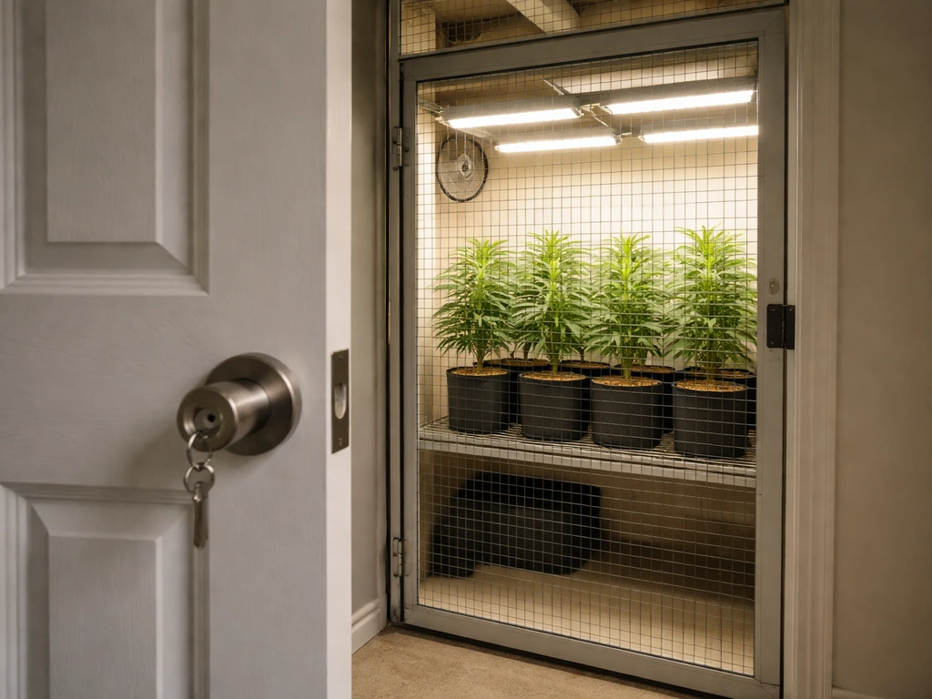Locked indoor grow area with a contained set of potted plants secured behind a barrier.