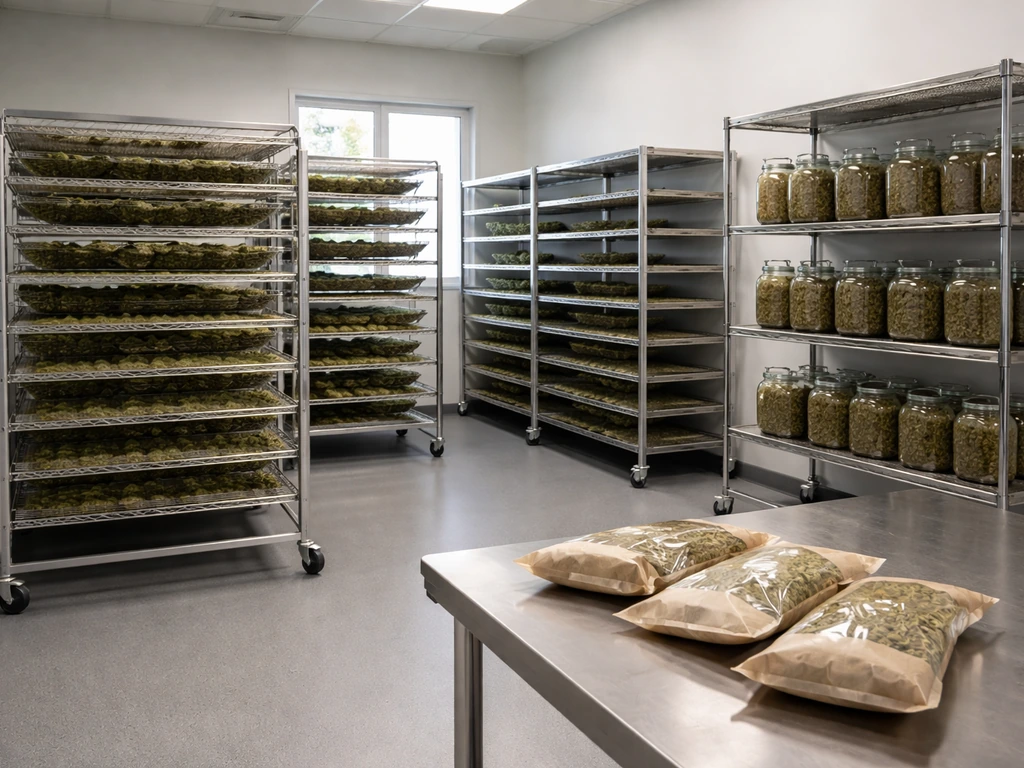 Minimal view of cannabis cultivation workflow: drying racks and packaged buds in a clean secure facility.