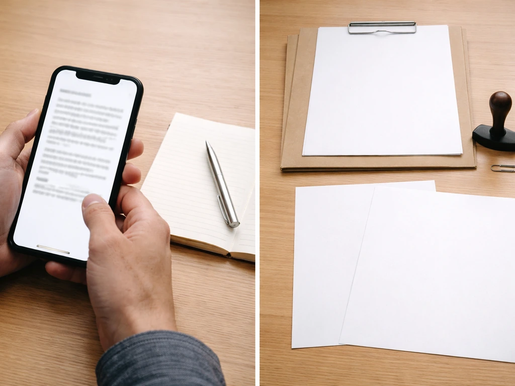 Split-screen: blurred phone review on one side, blank official paperwork folder and stamp on the other.